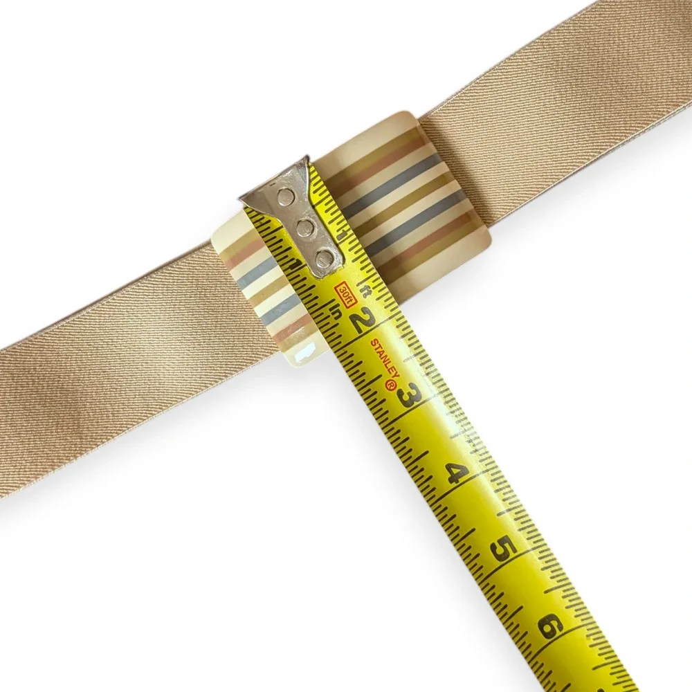 70s 80s Tan Stripe Belt ~ beige cream blue-gray rectangular buckle